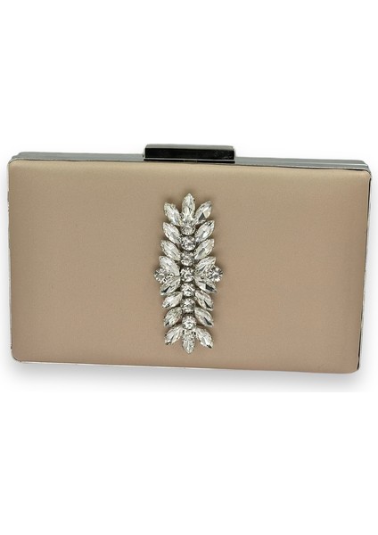 Vizon Renk Çizilmeyen Saten Gümüş Taşlı Abiye Çanta Düğün Nişan Çantası