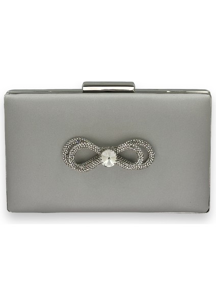 Gümüş Gri Renk Çizilmeyen Saten Gümüş Taşlı Abiye Çanta Düğün Nişan Çantası