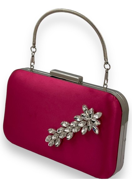 Fuşya Renk Saten Gümüş Kasalı Gümüş Taşlı Kulplu Saplı Abiye Gece Çantası Düğün Portföy fiyatları