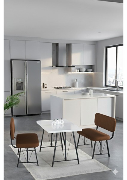 Elfin 70X110CM Sabit Beyaz, Yemek Masası, Yemek Masası Takımı, 2 Kahverengi Benchli
