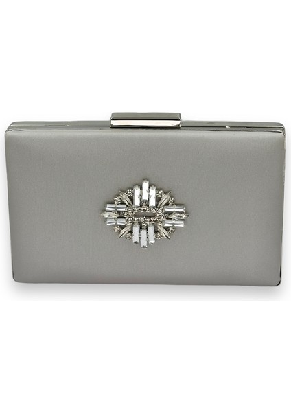 Gümüş Gri Rengi Çizilmeyen Saten Gümüş Taşlı Abiye Çanta Düğün Nişan Çantası