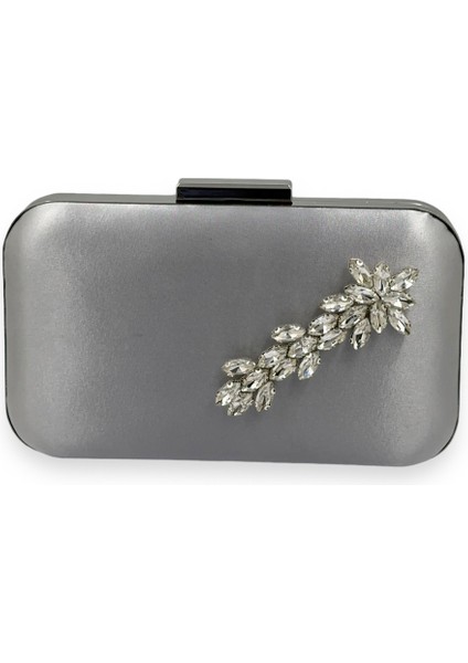 Gümüş Gri Renk Saten Gümüş Kasalı Gümüş Taşlı Abiye Çanta Gece Çantası Düğün Nişan Portföy