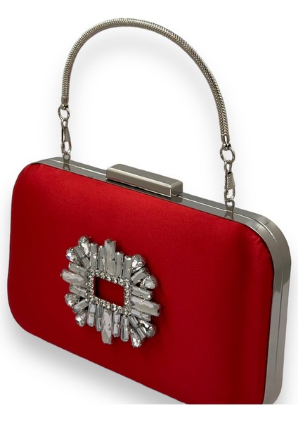 Kırmızı Renk Saten Gümüş Kasalı Gümüş Taşlı Kulplu Saplı Abiye Gece Çantası Düğün Portföy