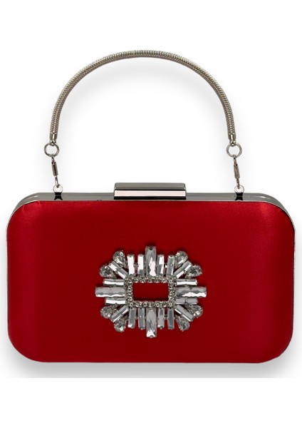 Kırmızı Renk Saten Gümüş Kasalı Gümüş Taşlı Kulplu Saplı Abiye Gece Çantası Düğün Portföy fiyatları