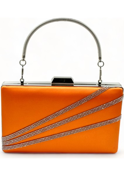 Turuncu Renk Saten Gümüş Kasalı Gümüş Taşlı Abiye Çanta Gece Çantası Düğün Nişan Portföy