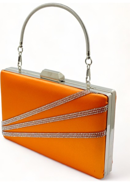 Turuncu Renk Saten Gümüş Kasalı Gümüş Taşlı Abiye Çanta Gece Çantası Düğün Nişan Portföy fiyatları