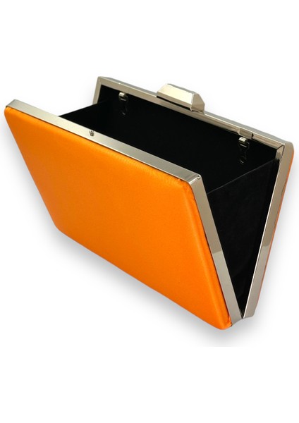 Turuncu Renk Saten Gümüş Kasalı Gümüş Taşlı Abiye Çanta Gece Çantası Düğün Nişan Portföy modelleri