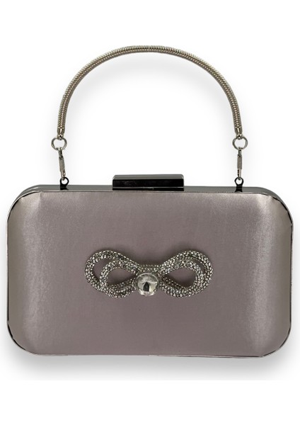 Vizon Renk Saten Gümüş Kasalı Saplı Kulplu Gümüş Taşlı Abiye Gece Çantası Düğün Nişan Clutch