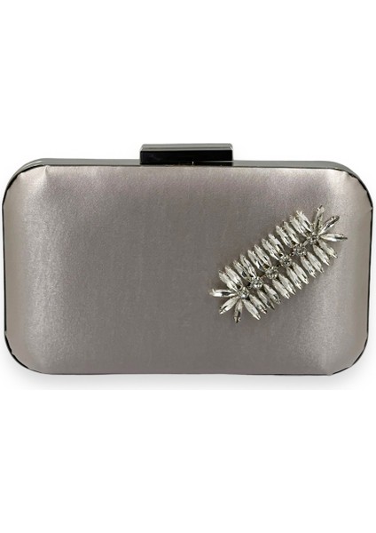 Vizon Renk Saten Gümüş Kasalı Gümüş Taşlı Abiye Çanta Gece Çantası Düğün Nişan Portföy