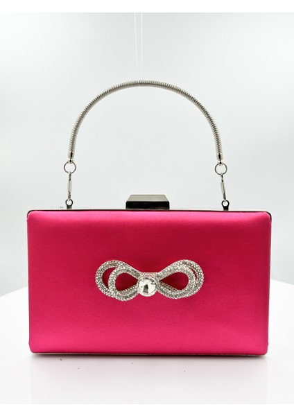 Fuşya Renk Saten Gümüş Kasalı Gümüş Taşlı Abiye Çanta Gece Çantası Düğün Nişan Portföy