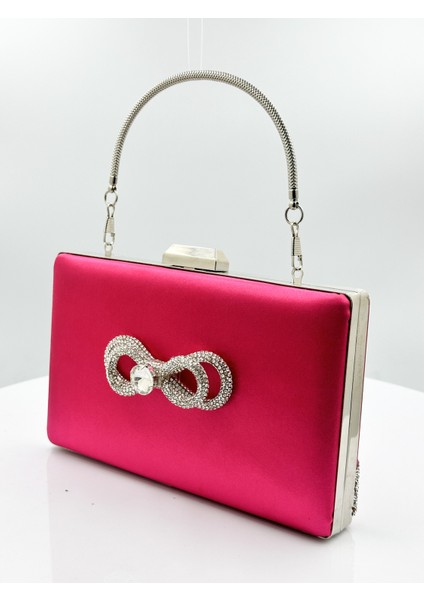 Fuşya Renk Saten Gümüş Kasalı Gümüş Taşlı Abiye Çanta Gece Çantası Düğün Nişan Portföy fiyatları