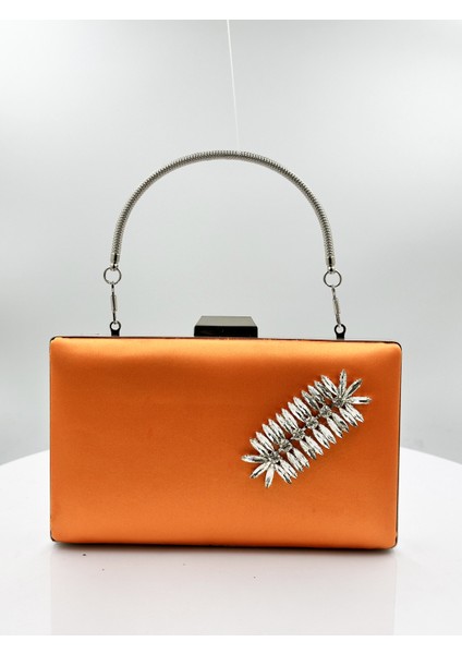 Turuncu Renk Saten Gümüş Kasalı Gümüş Taşlı Abiye Çanta Gece Çantası Düğün Nişan Portföy