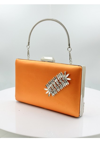 Turuncu Renk Saten Gümüş Kasalı Gümüş Taşlı Abiye Çanta Gece Çantası Düğün Nişan Portföy fiyatları