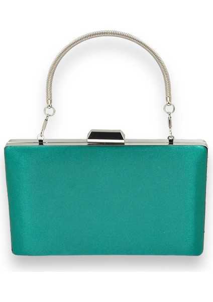 Yeşil Renk Saten Gümüş Kasalı Gümüş Taşlı Abiye Çanta Gece Çantası Düğün Nişan Portföy