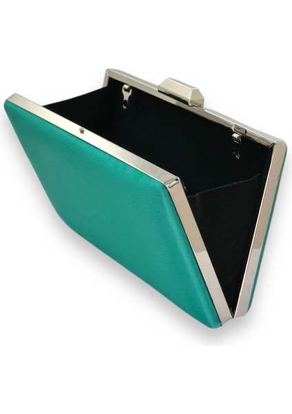 Yeşil Renk Saten Gümüş Kasalı Gümüş Taşlı Abiye Çanta Gece Çantası Düğün Nişan Portföy modelleri