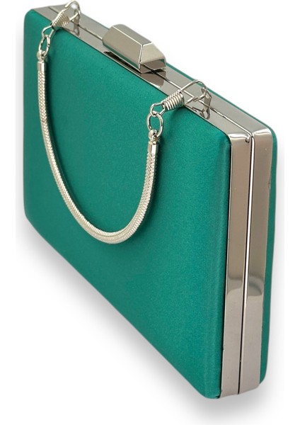 Yeşil Renk Saten Gümüş Kasalı Gümüş Taşlı Abiye Çanta Gece Çantası Düğün Nişan Portföy indirimleri