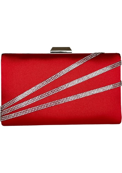 Kırmızı Renk Saten Gümüş Kasalı Gümüş Taşlı Abiye Çanta Gece Çantası Düğün Nişan Portföy
