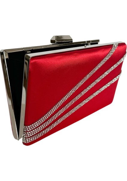 Kırmızı Renk Saten Gümüş Kasalı Gümüş Taşlı Abiye Çanta Gece Çantası Düğün Nişan Portföy modelleri