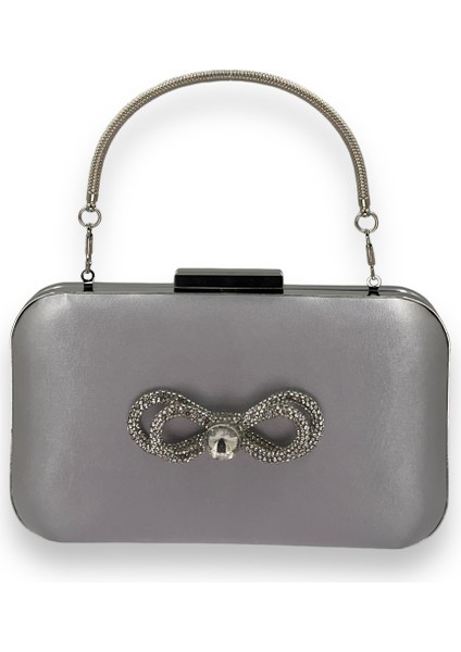 Gri Renk Saten Gümüş Kasalı Saplı Kulplu Gümüş Taşlı Abiye Gece Çantası Düğün Nişan Clutch