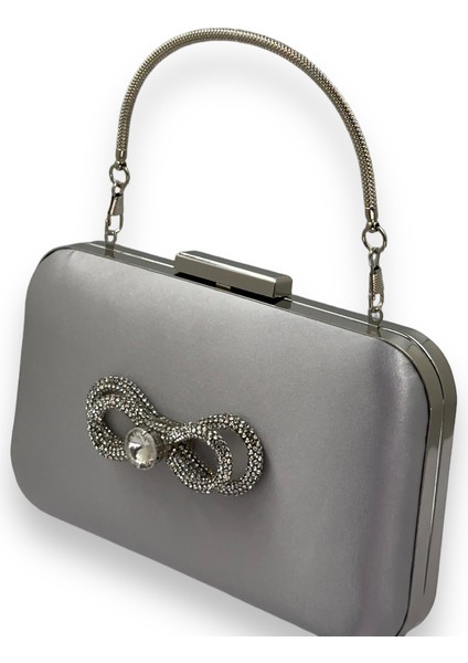 Gri Renk Saten Gümüş Kasalı Saplı Kulplu Gümüş Taşlı Abiye Gece Çantası Düğün Nişan Clutch fiyatları