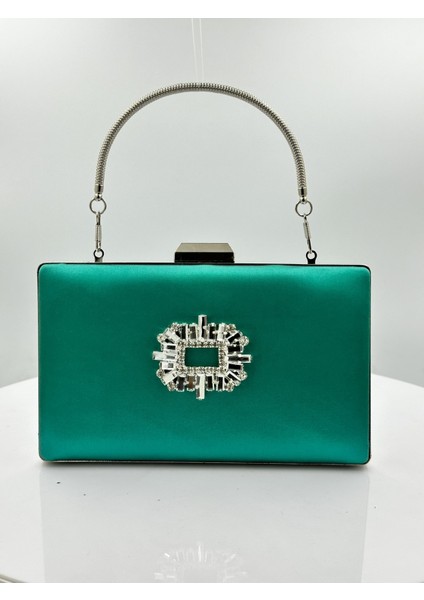 Yeşil Renk Saten Gümüş Kasalı Gümüş Taşlı Abiye Çanta Gece Çantası Düğün Nişan Portföy