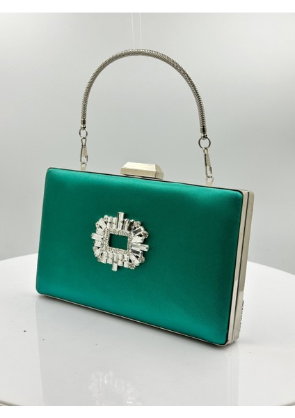 Yeşil Renk Saten Gümüş Kasalı Gümüş Taşlı Abiye Çanta Gece Çantası Düğün Nişan Portföy fiyatları