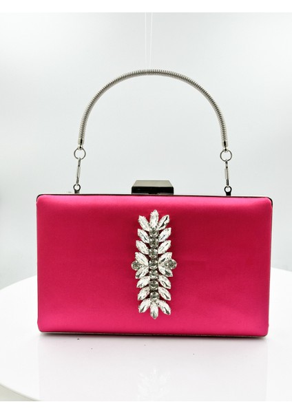 Fuşya Renk Saten Gümüş Kasalı Gümüş Taşlı Abiye Çanta Gece Çantası Düğün Nişan Portföy