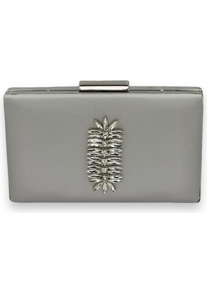 Gümüş Gri Renk Çizilmeyen Saten Gümüş Taşlı Abiye Çanta Düğün Nişan Çantası