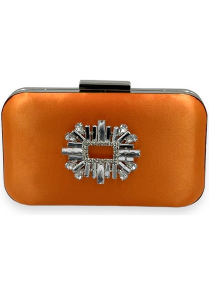 Turuncu Renk Saten Gümüş Kasalı Gümüş Taşlı Abiye Çanta Gece Çantası Düğün Nişan Portföy