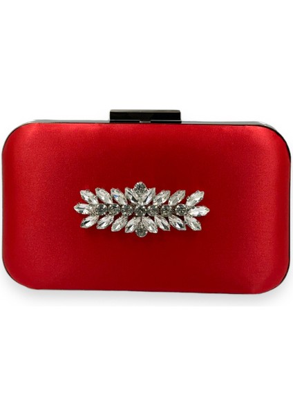 Kırmızı Renk Saten Gümüş Kasalı Gümüş Taşlı Abiye Çanta Gece Çantası Düğün Nişan Portföy