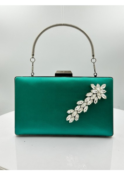 Yeşil Renk Saten Gümüş Kasalı Gümüş Taşlı Abiye Çanta Gece Çantası Düğün Nişan Portföy