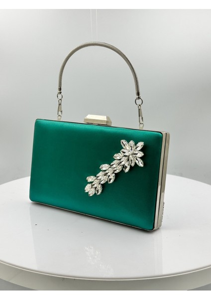 Yeşil Renk Saten Gümüş Kasalı Gümüş Taşlı Abiye Çanta Gece Çantası Düğün Nişan Portföy fiyatları