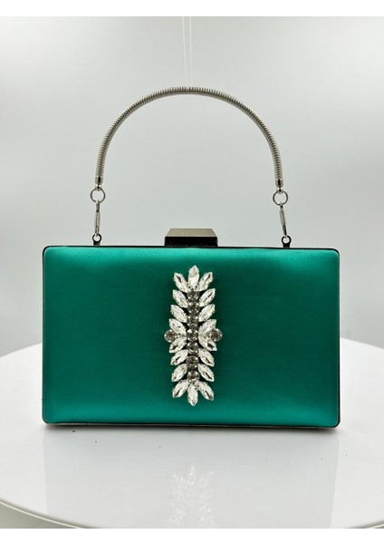 Yeşil Renk Saten Gümüş Kasalı Gümüş Taşlı Abiye Çanta Gece Çantası Düğün Nişan Portföy