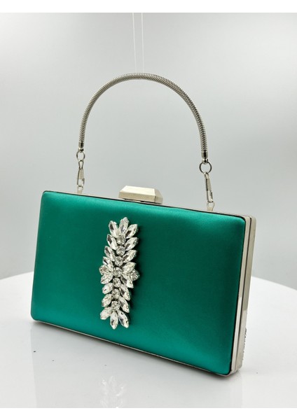 Yeşil Renk Saten Gümüş Kasalı Gümüş Taşlı Abiye Çanta Gece Çantası Düğün Nişan Portföy fiyatları
