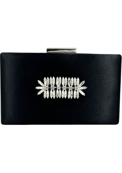 Siyah Renk Saten Gümüş Kasalı Gümüş Taşlı Abiye Çanta Gece Çantası Düğün Nişan Portföy