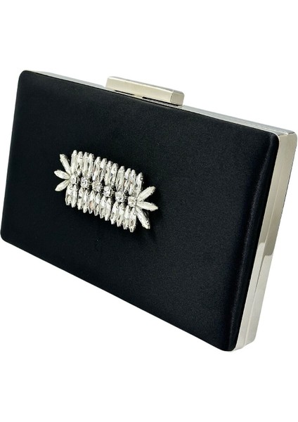 Siyah Renk Saten Gümüş Kasalı Gümüş Taşlı Abiye Çanta Gece Çantası Düğün Nişan Portföy fiyatları