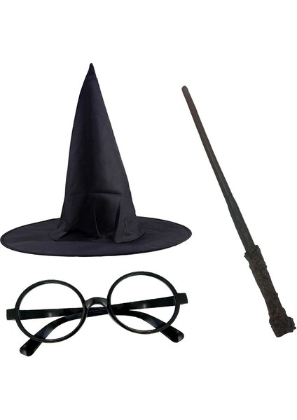 Zeroshop Harry Potter Siyah Şapkası Harry Potter Gözlüğü Harry Potter Asası 3 Lü Set