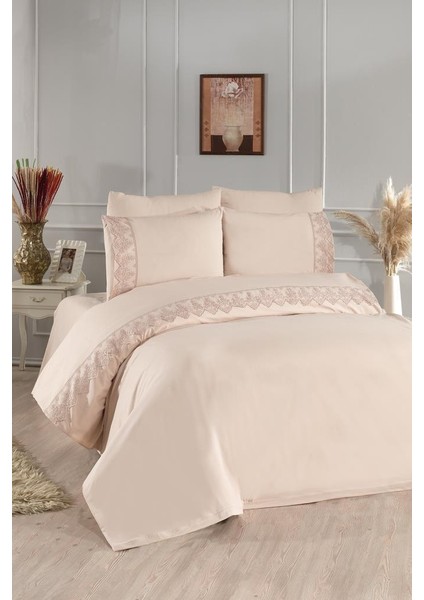 Fransız Dantelli Sara Çeyizlik Nevresim Takımı Cappucino