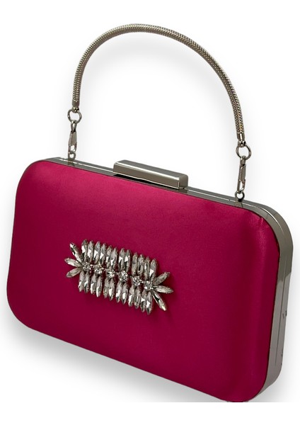 Fuşya Renk Saten Gümüş Kasalı Gümüş Taşlı Kulplu Saplı Abiye Gece Çantası Düğün Portföy fiyatları