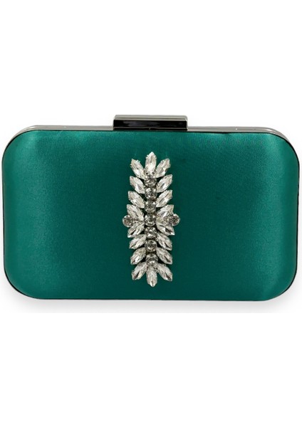 Yeşil Renk Saten Gümüş Kasalı Gümüş Taşlı Abiye Çanta Gece Çantası Düğün Nişan Portföy