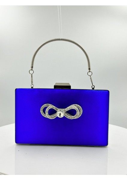 Saks Mavisi Renk Saten Gümüş Kasalı Gümüş Taşlı Abiye Çanta Gece Çantası Düğün Nişan Portföy