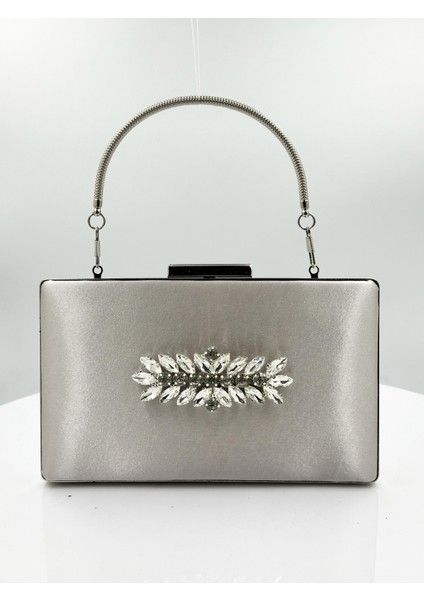 Vizon Renk Saten Gümüş Kasalı Gümüş Taşlı Abiye Çanta Gece Çantası Düğün Nişan Portföy