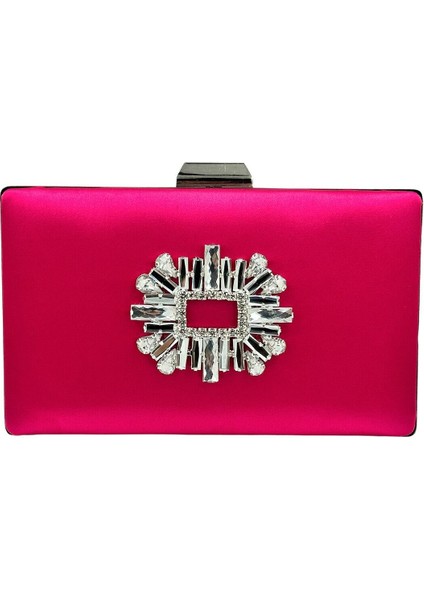 Fuşya Renk Saten Gümüş Kasalı Gümüş Taşlı Abiye Çanta Gece Çantası Düğün Nişan Portföy