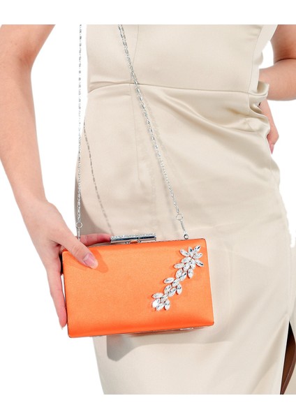 Turuncu Saten Kristal Gümüş Taşlı Abiye Çanta Gece Çantası Düğün Nişan Çantası modelleri