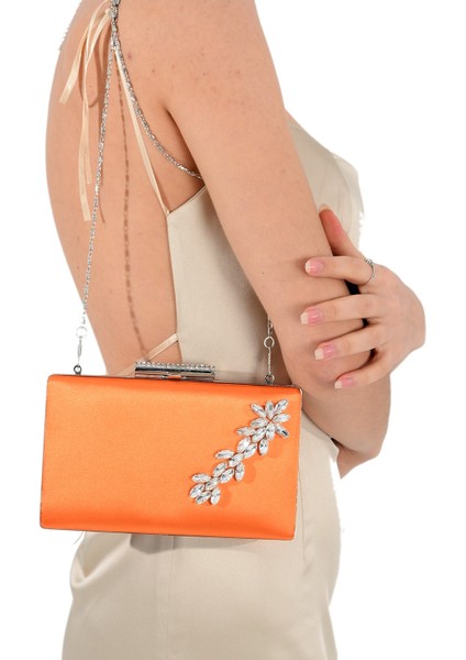 Turuncu Saten Kristal Gümüş Taşlı Abiye Çanta Gece Çantası Düğün Nişan Çantası indirimleri