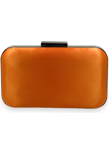 Turuncu Renk Saten Gümüş Kasalı Abiye Çanta Gece Çantası Düğün Nişan Portföy