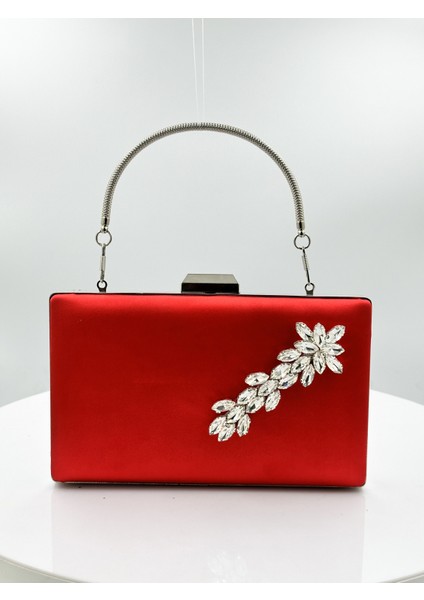 Kırmızı Renk Saten Gümüş Kasalı Gümüş Taşlı Abiye Çanta Gece Çantası Düğün Nişan Portföy