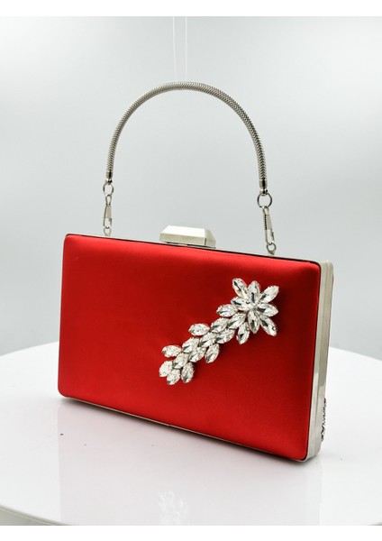 Kırmızı Renk Saten Gümüş Kasalı Gümüş Taşlı Abiye Çanta Gece Çantası Düğün Nişan Portföy fiyatları