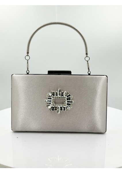 Vizon Renk Saten Gümüş Kasalı Gümüş Taşlı Abiye Çanta Gece Çantası Düğün Nişan Portföy