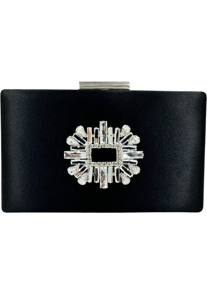 Sıyah Renk Saten Gümüş Kasalı Gümüş Taşlı Abiye Çanta Gece Çantası Düğün Nişan Portföy